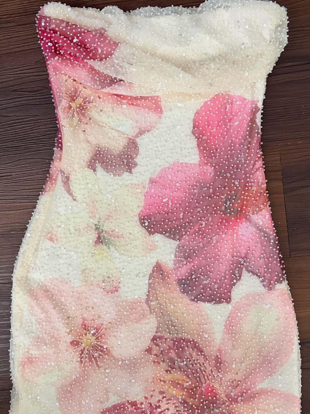 Strapless Mini Dress in Ivory with Pink Floral Sequin Detail